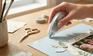 Main d'une personne appliquant de la colle sur un projet de scrapbooking, utilisant la **technique collage papier**. Ciseaux dorés et rouleaux de ruban adhésif à proximité.