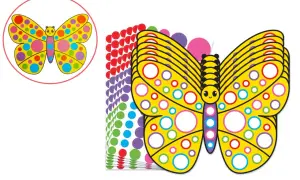 Papillons jaunes décorés de cercles colorés, prêts à être personnalisés. Un set de stickers en demi format A4 pour créer des œuvres vives.