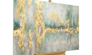 Peinture abstraite sur toile avec des touches dorées et des nuances de vert et de gris. Une belle idée de dessin sur toile facile pour décorer votre intérieur.