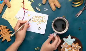 Mains écrivant "Happy New Year" sur une carte, avec une tasse de café et des biscuits.