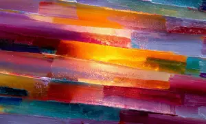 Peinture abstraite connue aux couleurs vives, évoquant un coucher de soleil vibrant. Les coups de pinceau épais créent une texture riche.