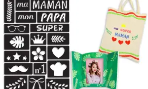 Ensemble de pochoirs pour créer un cadeau personnalisé : "ma SUPER maman" sur un tote bag, avec des motifs variés pour un dessin pochoir facile.