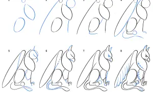 Étapes pour un griffon dessin facile. De simples formes guident la création de cette créature mythique.