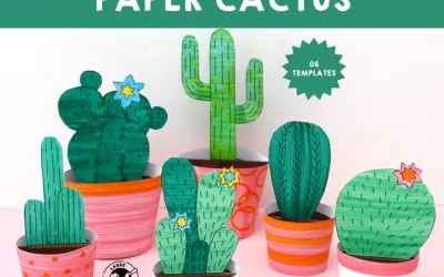 Plusieurs cactus en papier aux formes variées, certains décorés de fleurs, sont présentés dans des pots colorés.