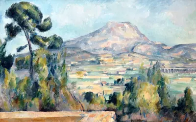 Peinture impressionniste d'un paysage de Provence, avec le Mont Sainte-Victoire en arrière-plan, des pins imposants au premier plan et une vallée verdoyante.