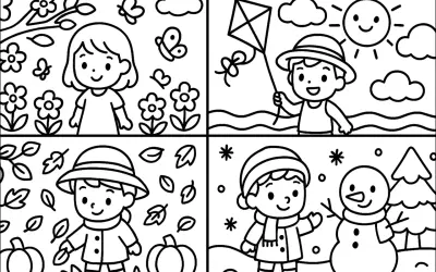 Un dessin 4 saisons facile : une fille au printemps, un garçon en été avec un cerf-volant, un autre garçon en automne avec des feuilles, et un dernier en hiver avec un bonhomme de neige.