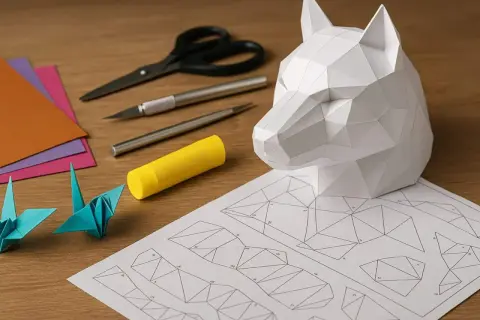 Papier, ciseaux, colle et patron boite paques pour créer une tête de loup géométrique.