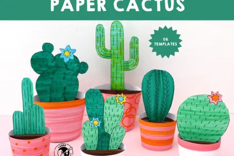 Plusieurs cactus en papier aux formes variées, certains décorés de fleurs, sont présentés dans des pots colorés.