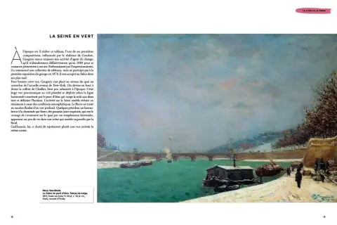 Peinture de Paul Gauguin, "La Seine au pont d'Iéna. Temps de neige". Une scène hivernale de Paris en peinture, avec des bateaux sur une eau verte et un pont au loin.