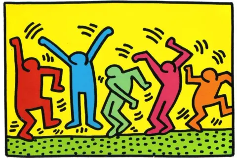 Un artiste bonhomme coloré, avec des silhouettes vives dansant sur un fond jaune.