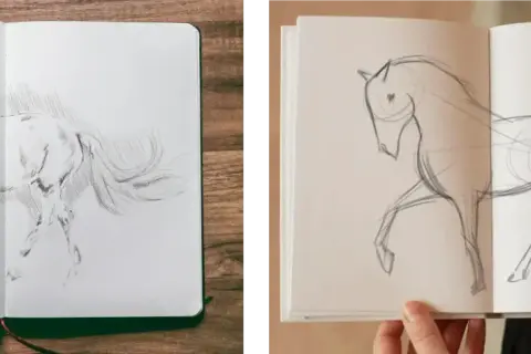 Deux croquis sur le vif de chevaux dans un carnet ouvert. L'un est détaillé, l'autre est une esquisse rapide.