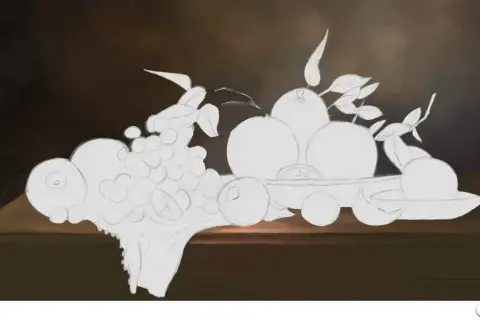 Un dessin nature morte moderne esquisse des fruits sur une table, avec des raisins, des oranges et des feuilles.
