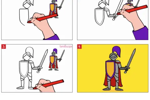 Étapes pour un dessin chevalier facile : esquisse, ajout des détails, coloriage. Un chevalier prêt pour l'aventure !