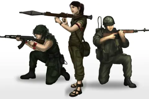 Trois soldats en tenue militaire, un tenant un lance-roquettes, un autre un fusil, et le troisième un fusil d'assaut. Un dessin de guerre facile à faire.