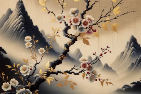 Fleurs délicates et montagnes brumeuses dans un style évoquant un peintre japonais contemporain abstrait. L'or des feuilles contraste avec le bleu des montagnes.