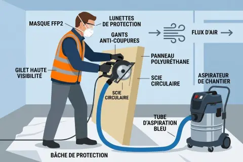 Illustration montrant comment couper du polystyrène avec une scie circulaire, un aspirateur et des équipements de protection.