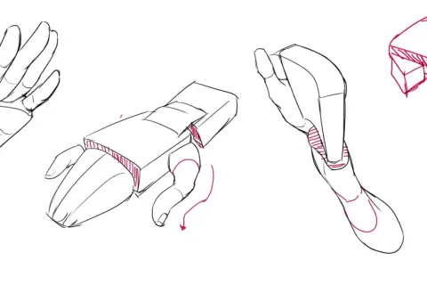 Dessin avec la main, montrant des études anatomiques et des formes géométriques appliquées à la main, avec une touche de couleur rose.