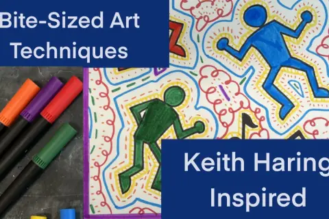 Dessin coloré inspiré par le personnage Keith Haring, avec des formes humaines stylisées et des motifs abstraits.