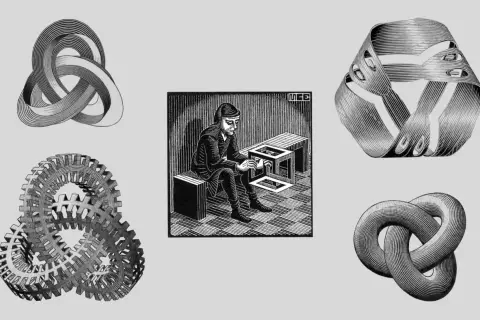 Collage d'œuvres d'art de Maurits Cornelis Escher : un homme crée un cube impossible, des rubans de Möbius, des nœuds et des engrenages entrelacés.