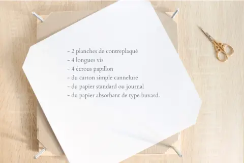 Liste d'éléments pour un projet DIY, incluant du papier absorbant de type buvard pour une utilisation pratique.