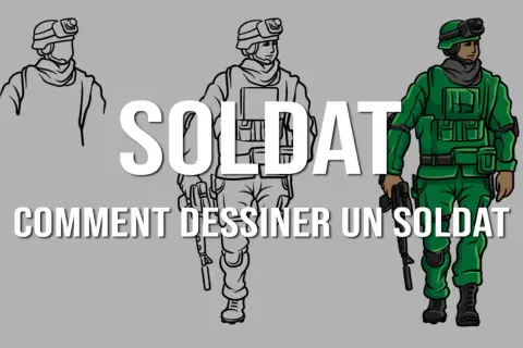 Trois étapes pour un soldat dessin facile : esquisse, croquis détaillé, puis coloriage.
