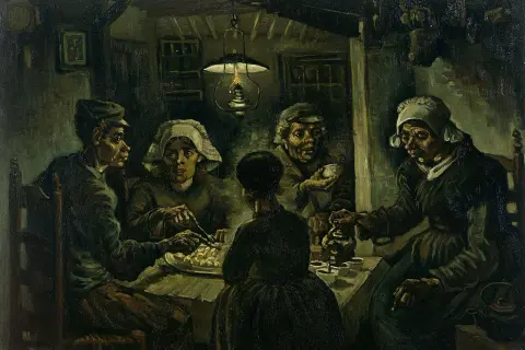 Ce tableau de Van Gogh, "Les Mangeurs de pommes de terre", dépeint une famille paysanne partageant un repas simple à la lueur d'une lampe.