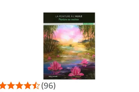 Tableau de Nelly Lestrade, une peinture au couteau huile d'un coucher de soleil sur un étang aux nénuphars roses.