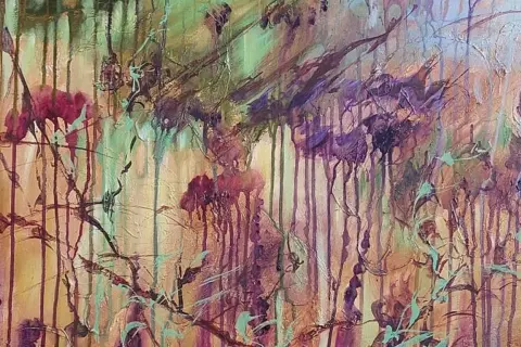 Peinture en relief technique, évoquant une forêt pluvieuse aux couleurs vives et aux textures riches.