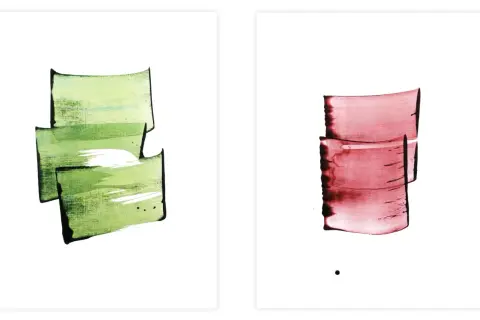 Deux œuvres d'art abstrait minimaliste : une avec des formes vertes texturées, l'autre avec des formes rouges.