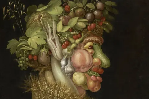 Portrait composé d'une tête humaine formée de fruits, légumes et fleurs, une des célèbres œuvres d'art de Giuseppe Arcimboldo.