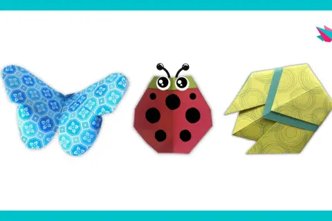 Un papillon bleu, une coccinelle rouge et un insecte jaune, trois créations d'insecte en papier facile.