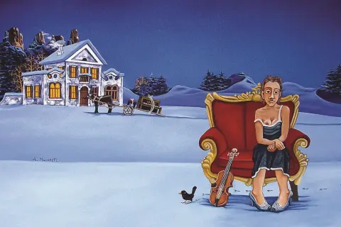 Une femme attend sur un fauteuil rouge, violon à ses côtés, devant une maison enneigée. Œuvre d'un artiste italien contemporain.