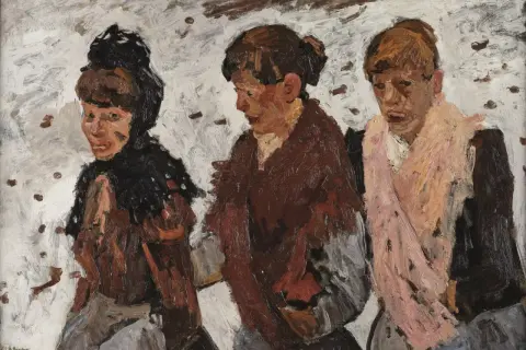 Trois femmes, peintes dans un style expressif rappelant un peintre hollandais contemporain, avancent ensemble sur un fond texturé.