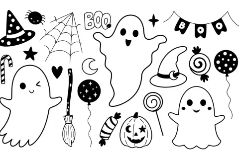Ensemble d'éléments d'Halloween : fantômes, chapeaux de sorcière, bonbons, citrouille, balai, araignée, toile d'araignée. Parfait pour un dessin à faire soi même.