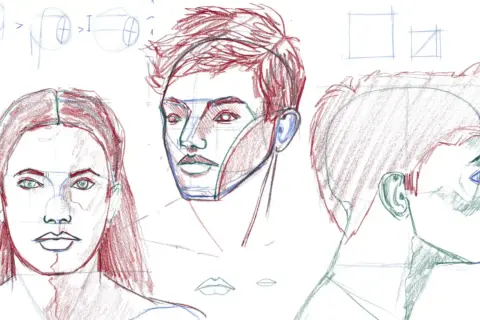 Étude de portrait au fusain : visages masculins et féminins, vues de face et de profil, avec des annotations anatomiques.