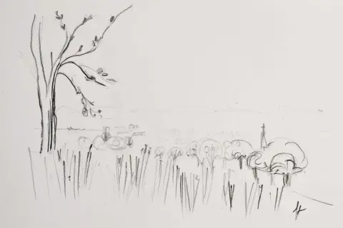 Dessin facile à faire pour débutant paysage : un arbre dénudé à gauche, des herbes hautes, des arbres stylisés et des collines lointaines.