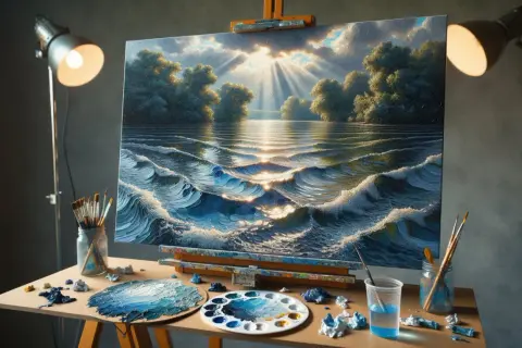 Un artiste s'applique à peindre l'eau et les reflets du soleil sur des vagues tumultueuses, entouré de ses outils.