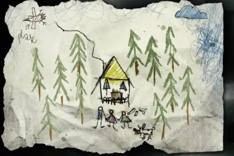 Dessin naïf : signification maison, soleil, arbre. Une famille et un chien devant une maisonnette dans une forêt. Un oiseau vole.