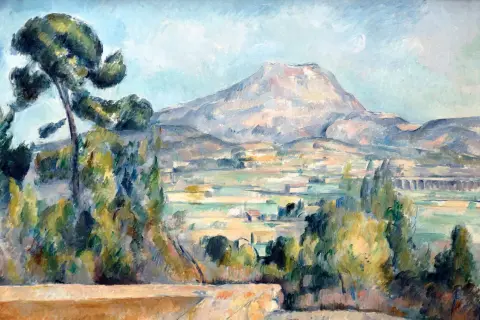 Peinture impressionniste d'un paysage de Provence, avec le Mont Sainte-Victoire en arrière-plan, des pins imposants au premier plan et une vallée verdoyante.