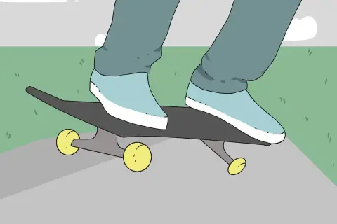 Un dessin skate facile : des jambes en jean bleu et des baskets bleues sur une planche de skate grise avec des roues jaunes, sur un trottoir gris et de l'herbe verte.