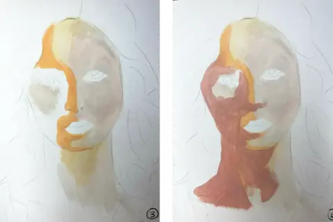 Portrait à l'huile en cours de création, montrant une moitié du visage avec des tons ocres et l'autre moitié avec des tons rosés.