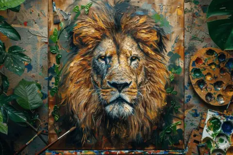 Portrait saisissant d'un lion, œuvre d'un peintre animalier contemporain. Palette et plantes vertes entourent la toile.
