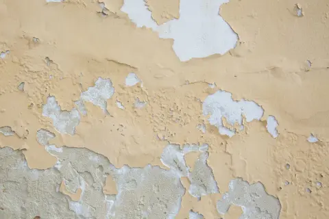 Texture d'un mur où la peinture qui ne tient pas s'écaille, révélant le plâtre blanc en dessous.