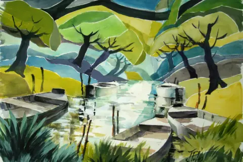Vue d'un paysage fluvial stylisé, avec des bateaux amarrés. L'œuvre évoque un peintre paysagiste contemporain par ses formes géométriques et ses couleurs vives.