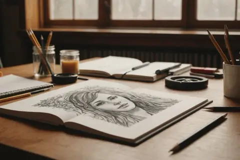 Un carnet ouvert présente un portrait au crayon d'une jeune femme. Des crayons et d'autres fournitures d'art sont disposés sur la table, suggérant le choix du **quel papier pour dessiner au crayon**.
