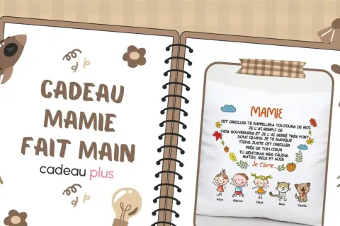 Cadeau pour mamie à fabriquer facile : un coussin personnalisé avec des dessins d'enfants et un poème tendre.