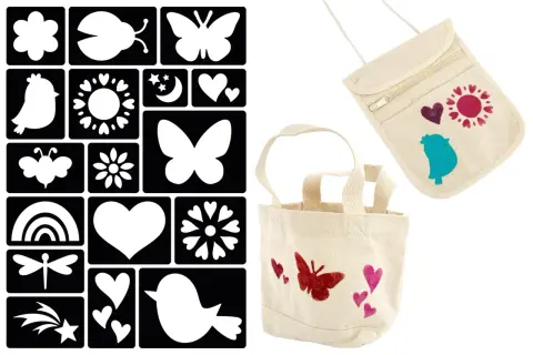 Ensemble de pochoirs pour décorer sacs et pochettes. Apprenez comment faire un pochoir pour créer des motifs personnalisés : papillons, oiseaux, cœurs, etc.