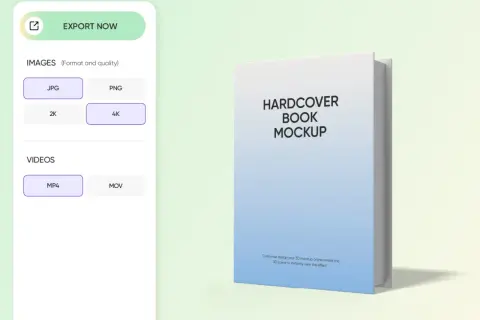 Maquette livre 3D avec options d'exportation JPG, PNG, 2K, 4K et vidéo.