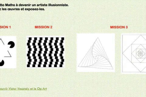 Trois œuvres d'art géométrique : une illusion d'optique avec des formes, un damier déformé et des carrés imbriqués.