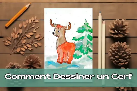 Un dessin de cerf de Noël, avec des crayons et des pommes de pin, sur un fond de bois.